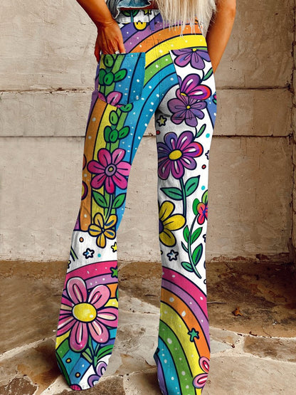 Women's Rainbow Colored Floral Illustration Print Casual Wide Leg Pants