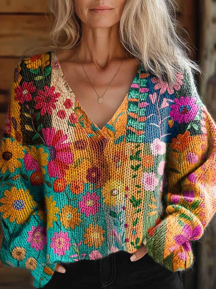 Women's Colorful Floral Patchwork Art Pattern Casual V-Neck Knit Sweater