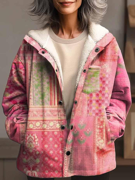 Women's Vintage Boho Patchwork Pattern Waffle Plush Thick Long-Sleeved Hooded Coat