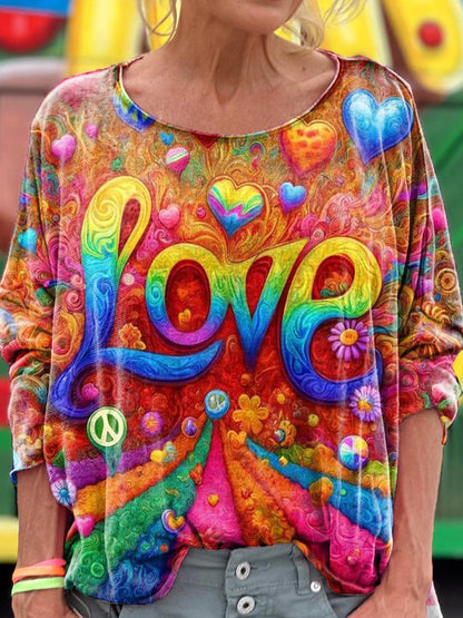 Women's Vintage Love And Peace Art Pattern Print T-shirt