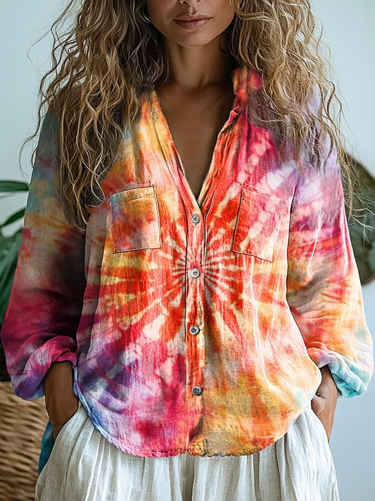 Women's Tie-Dye Printed Casual Long Sleeve Comfortable Cotton Shirt