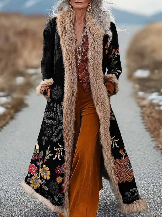 Women's Ethnic Floral Art Print Fur Patchwork Long Afghan Coat