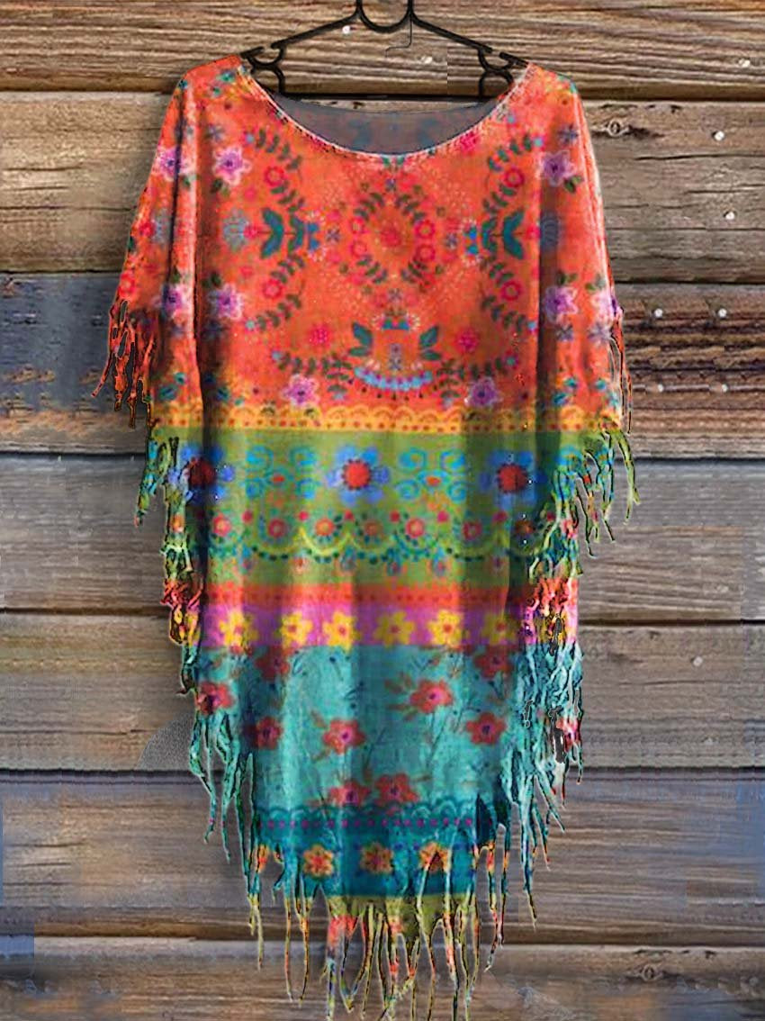 Women's Patchwork Art Print Punk Hippie Batwing Fringe Cape Dress