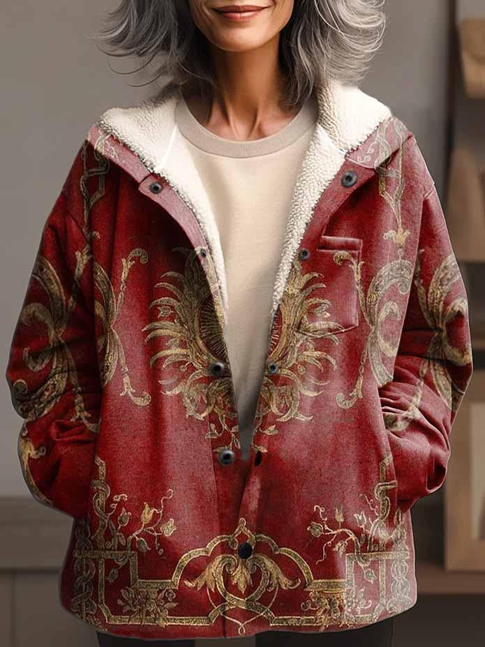 Women's Ethnic Art Print Waffle Plush Thick Long-Sleeved Hooded Coat