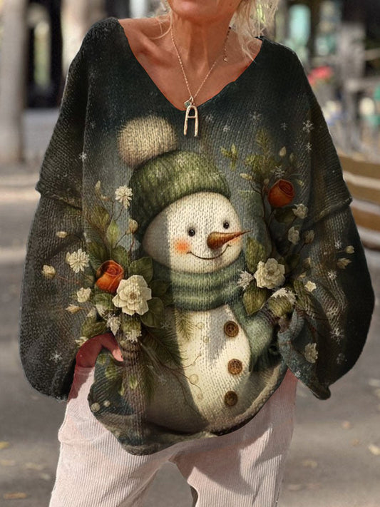 Women's Retro Winter Snowman Pattern Casual V Neck Pullover Sweater