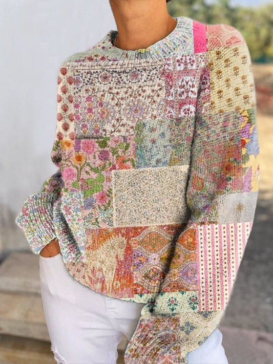 Women's Floral Panel Casual Pullover Sweater