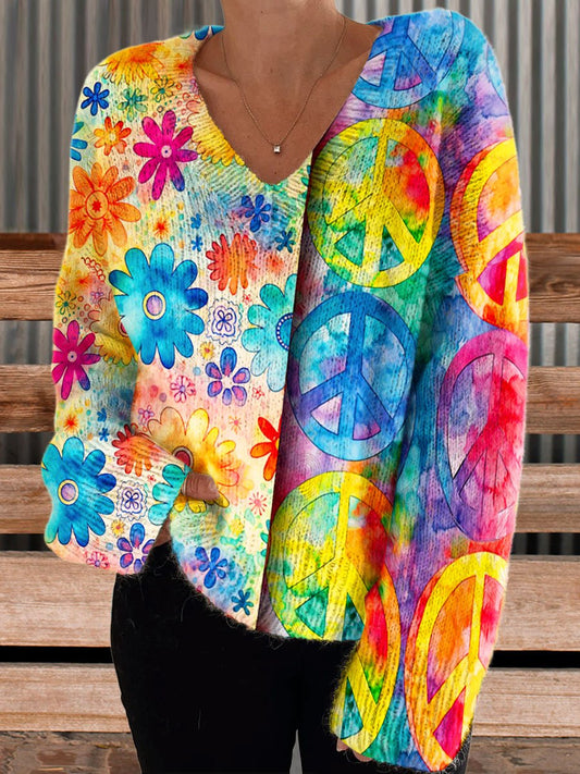 Women's Vintage Hippie Flowers Art Print Casual V-neck Pullover Knit