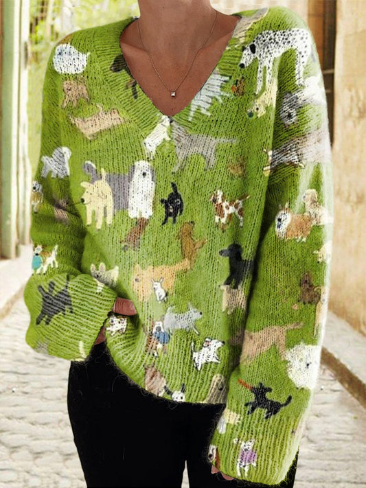 Women's Animal Casual V Neck Pullover Sweater