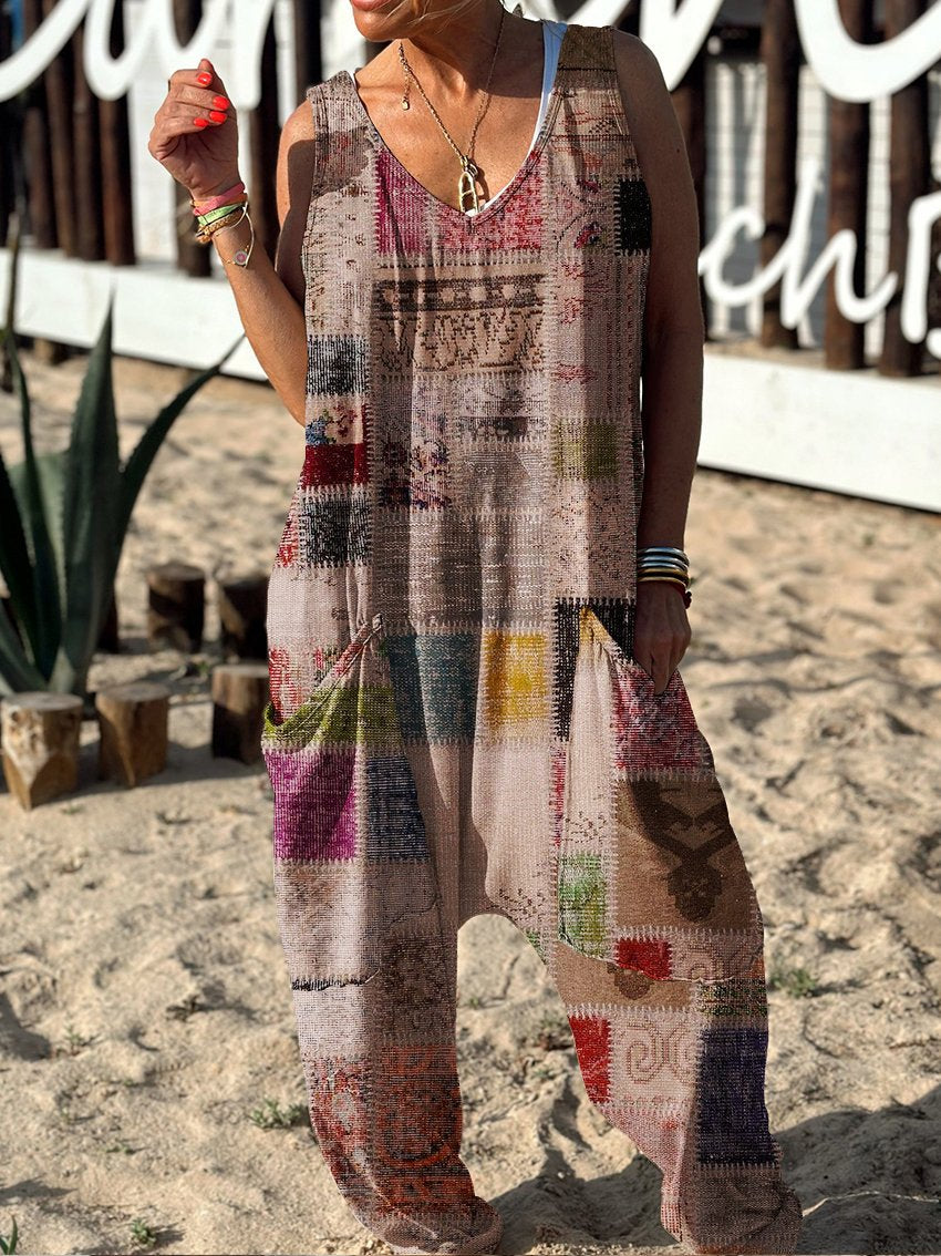 Abstract Pattern Hippie Art Print Casual 100% Cotton Wide Leg Jumpsuit