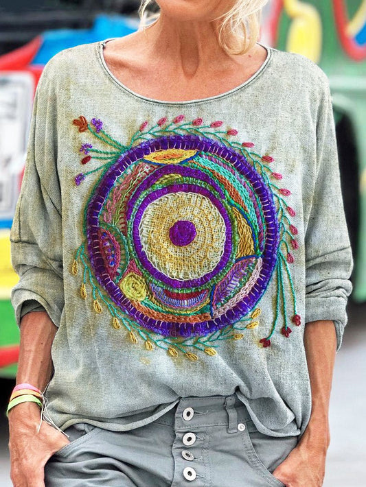 Colorful Embroidery Flowers Totem Art Print Casual Long Sleeve T-shirt