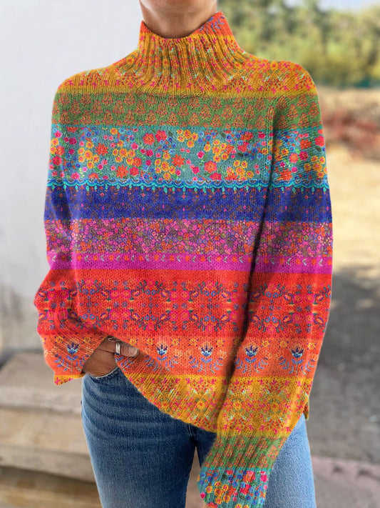 Colorful Striped Flowers Print Knit Turtleneck Pullover Sweater