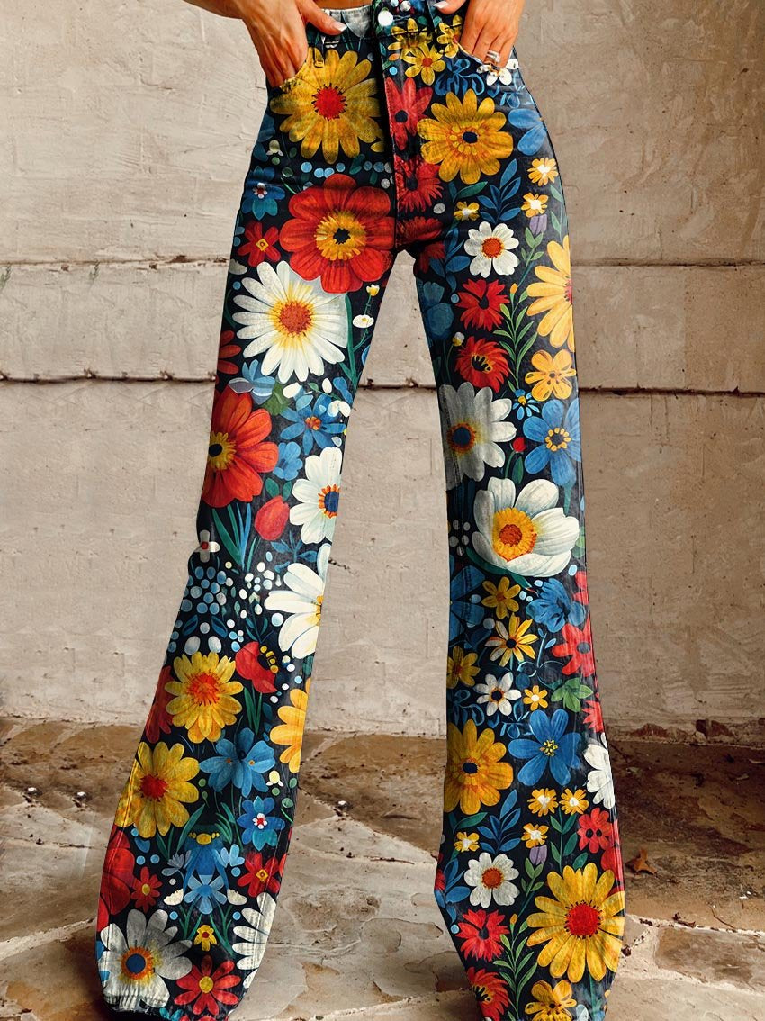 Women's Colorful Flower Print Casual Wide Leg Pants