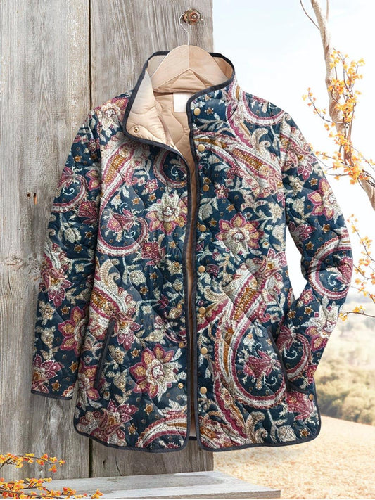 Women's Vintage Ethnic Floral Art Print Casual Quilted Cardigan