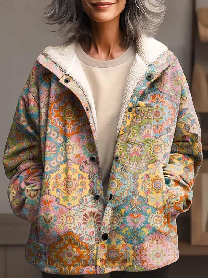 Women's Folk Floral Art Print Waffle Plush Thick Long-Sleeved Hooded Coat