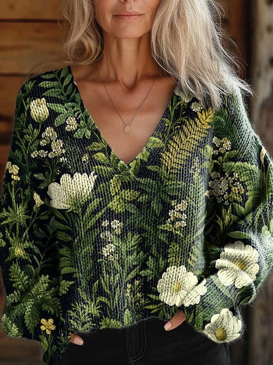 Women's Floral Art Print Casual V Neck Pullover Knit Sweater