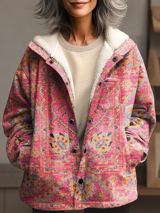 Women's Retro Floral Totem Print Waffle Plush Thick Long-Sleeved Hooded Coat