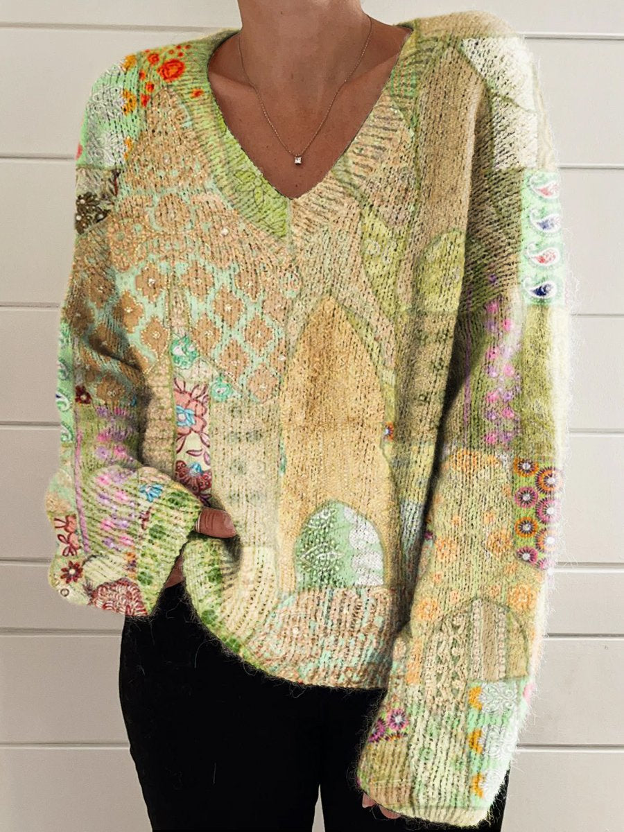 Women's Colorful Patchwork Print Casual V-neck Pullover Knit