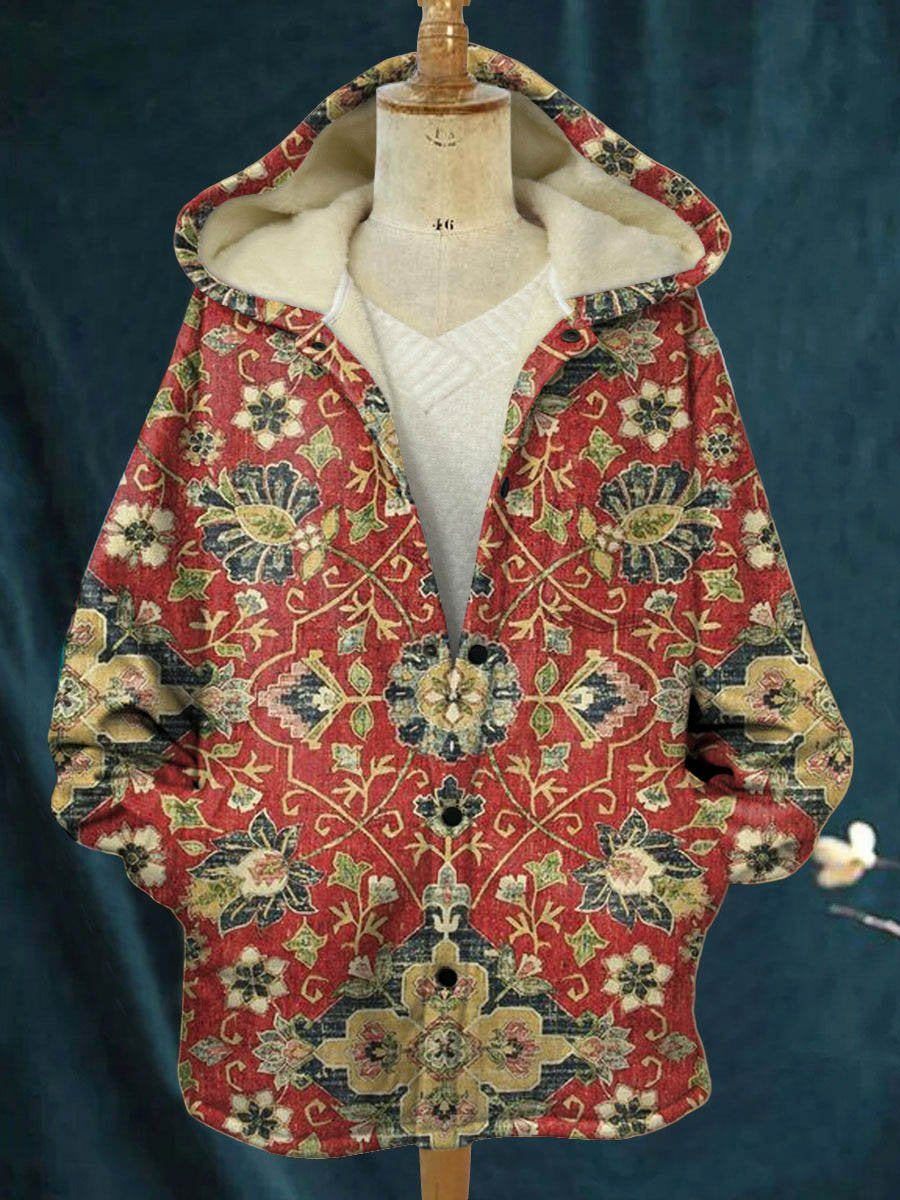 Women's Vintage Lovely Floral Art Print Waffle Plush Thick Long-Sleeved Hooded Coat