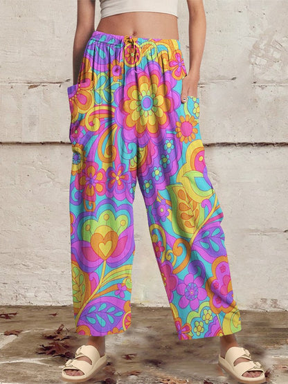 Women‘s Casual 1980s Hippie Print Wide Harem Leg Pants