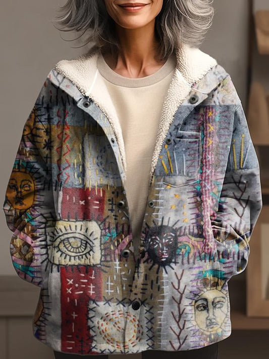 Women's Patchwork Pattern Waffle Plush Thick Long-Sleeved Hooded Coat