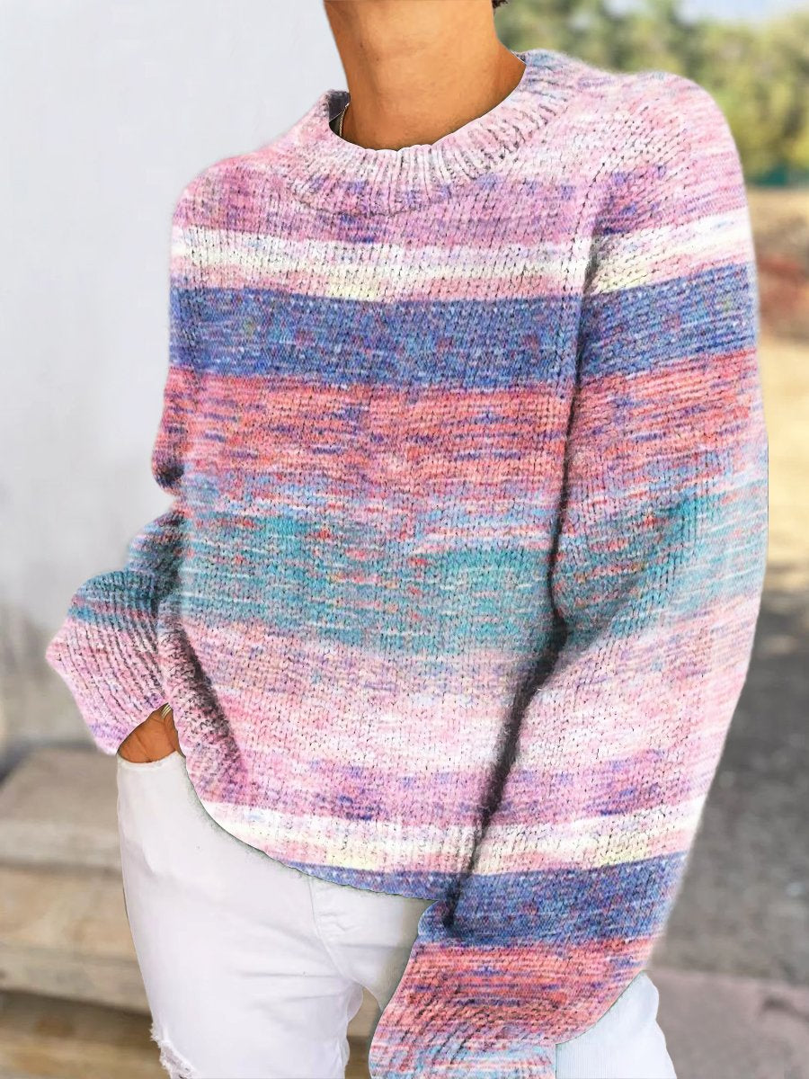 Women's Gradient Stripe Pattern Casual V-neck Pullover Knitted Sweater