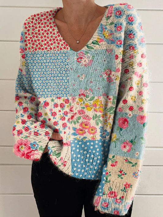 Women's Vintage Lovely Floral Art Print Casual V-neck Pullover Knit