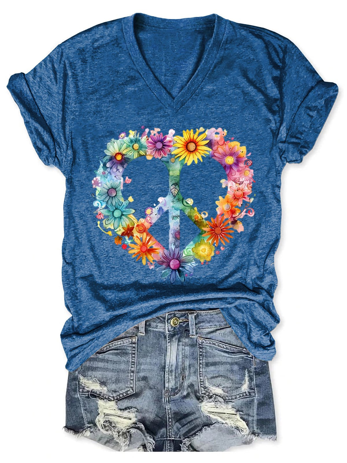 Women's Floral Peace And Love Art Print V-neck Casual T-Shirt