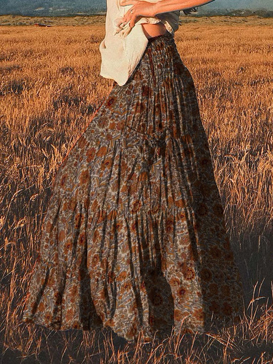 Women's Vintage Floral Art Printed Linen Pocket Skirt main image 1