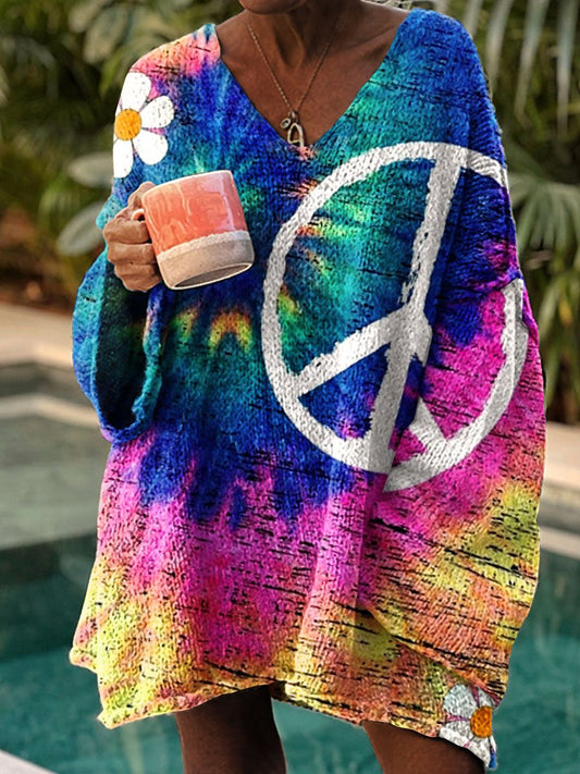 Women's Vintage Love and Peace Hippie Art Print Casual Pullover Sweater