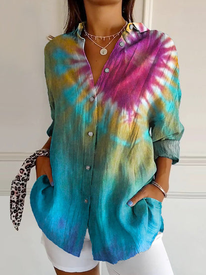 Women's Colorful Vintage Tie Dye Print Casual Cotton Shirt