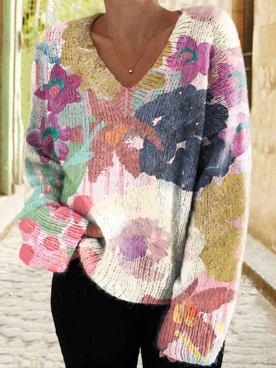 Women's Floral Casual V Neck Pullover Sweater