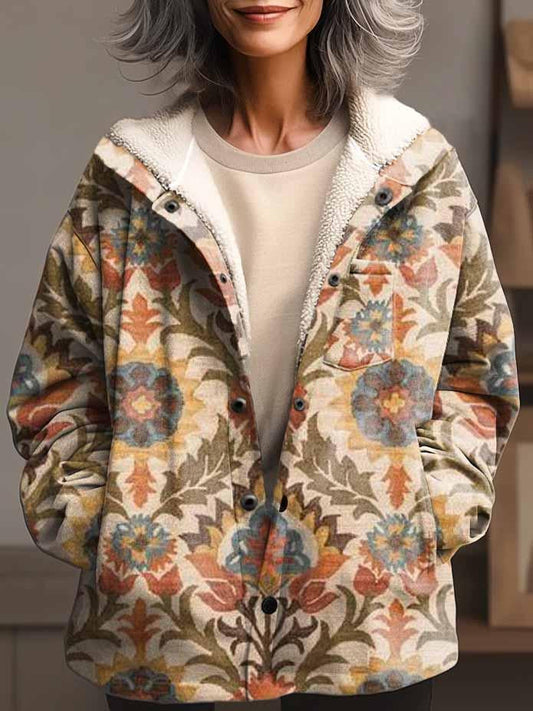 Women's Ethnic Art Print Waffle Plush Thick Long-Sleeved Hooded Coat