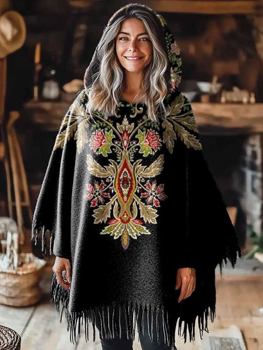 Women's Folkloric Art Pattern Casual Knitted Blanket Poncho Hood Cape