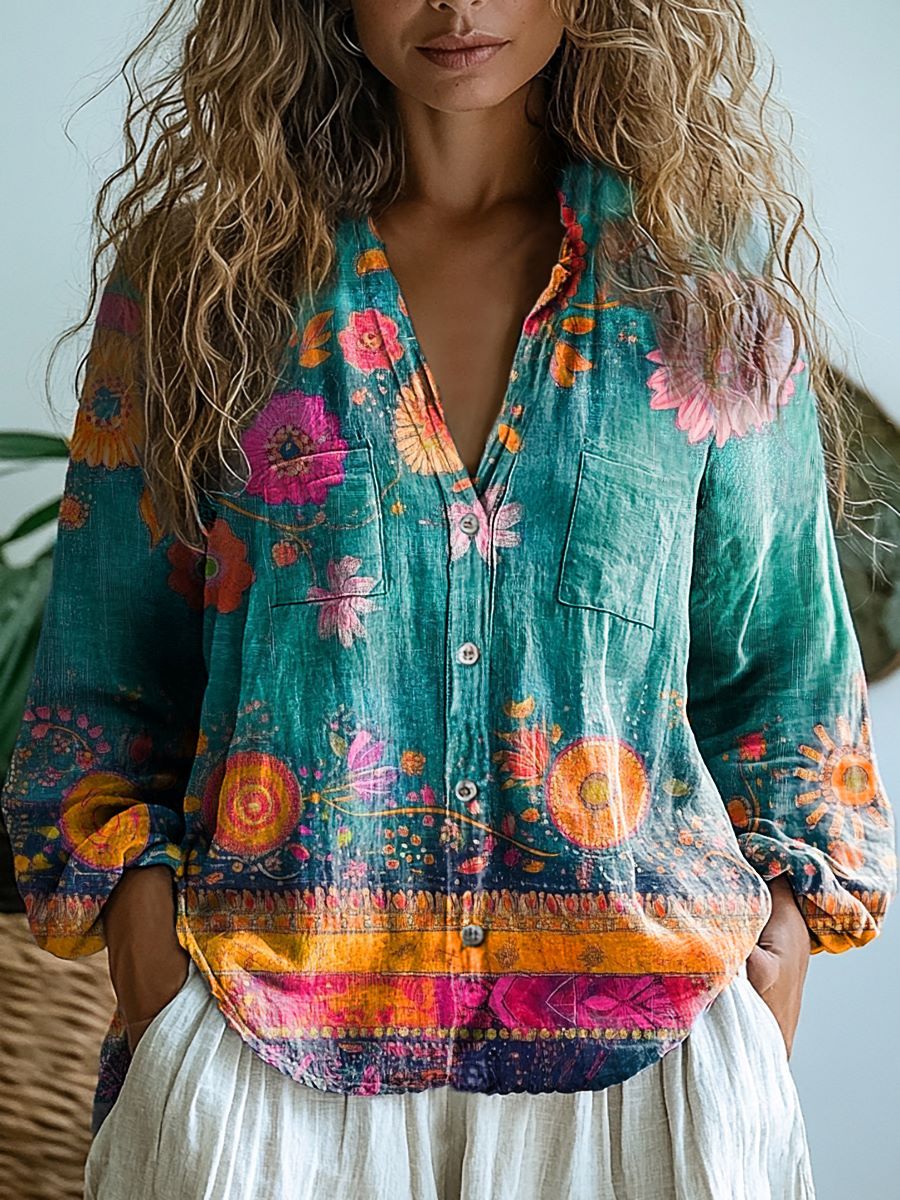 Women's Retro Bohemian Pattern Casual Long Sleeve Comfortable Cotton Shirt