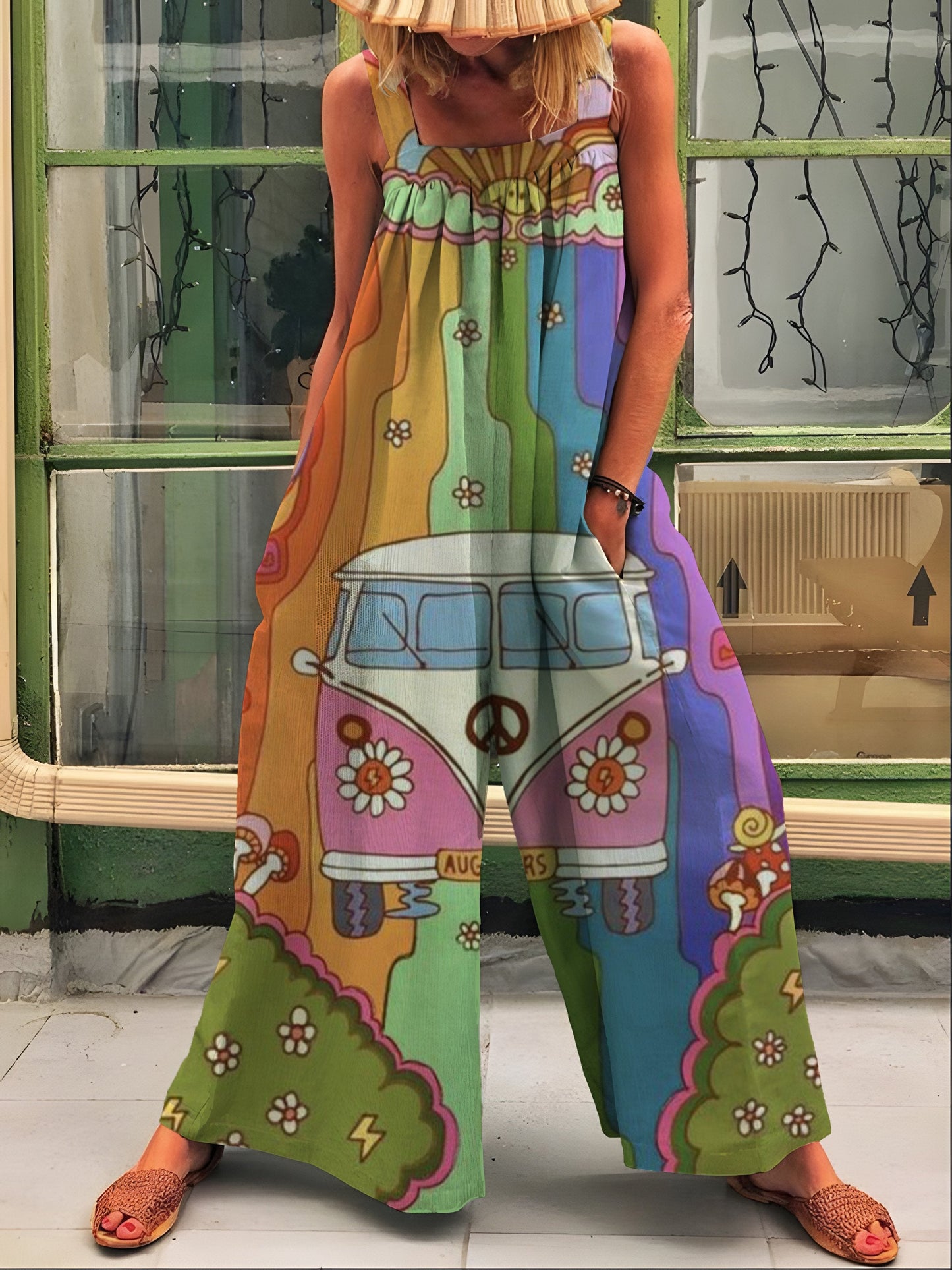 Women's Colorful Hippie Van Printed Casual Overalls Jumpsuit