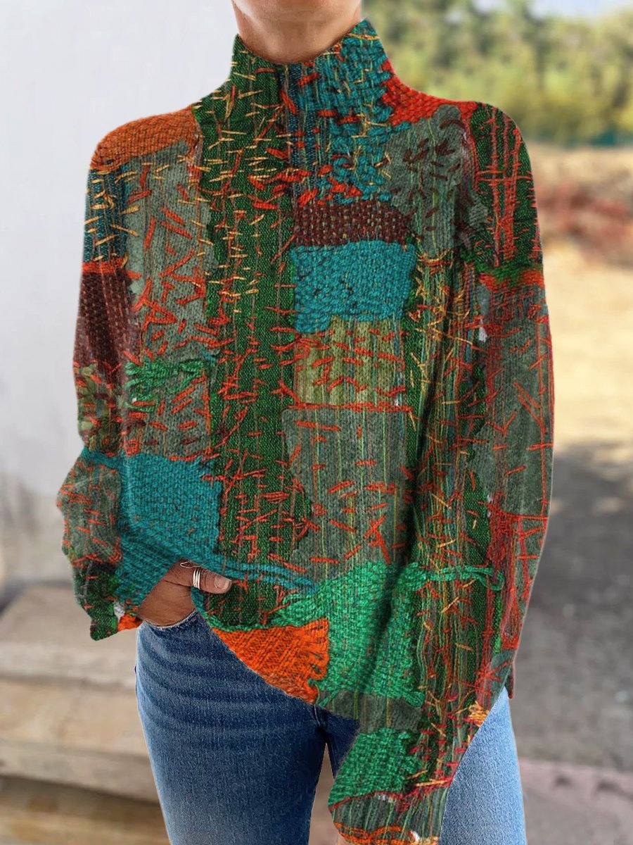 Retro Patchwork Print Knit Turtleneck Pullover Sweater