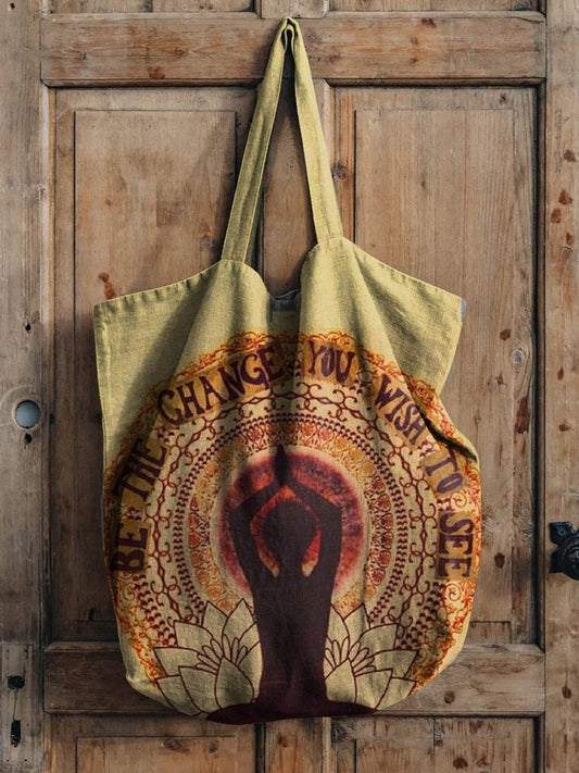 Vintage Zen Meditation Print Linen Tote Bag