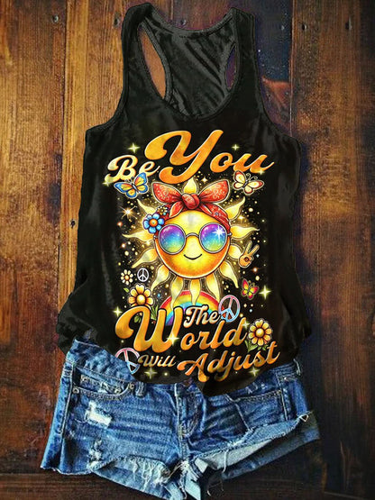 Women's Be You The World Will Adjust Hippie Sun Print Tank Top