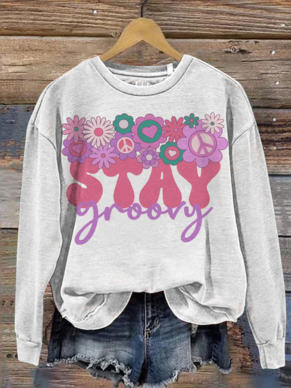 Stay Groovy Flowers Print Casual Sweatshirt