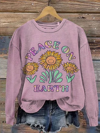 Peace On Earth Flower Print Casual Sweatshirt