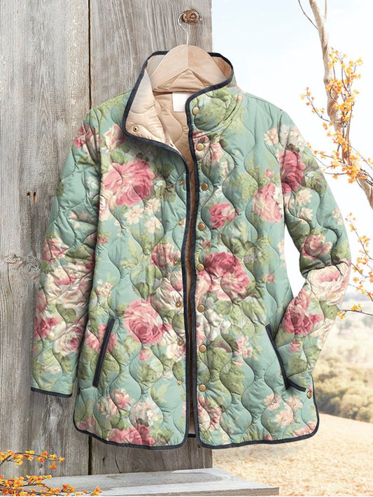 Women's Fresh Retro Flowers Print Casual Quilted Cardigan