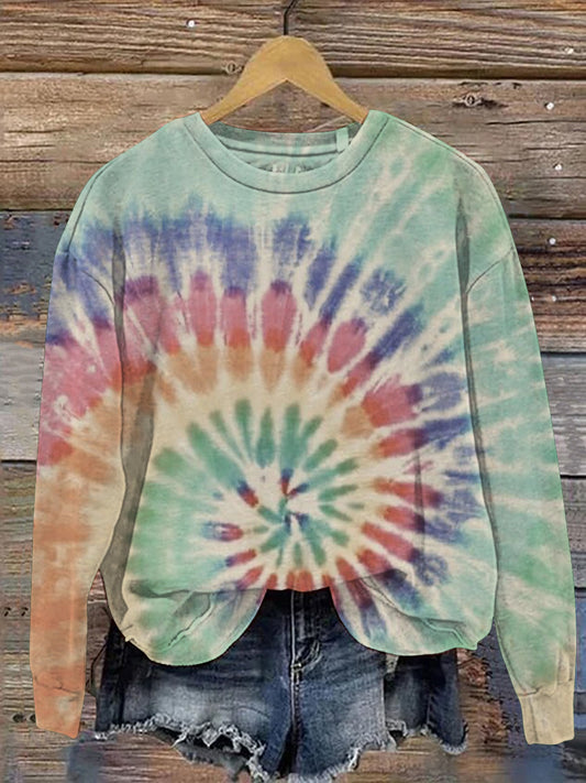 Retro Washed Tie Dye Print Casual Sweatshirt