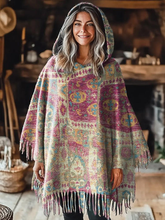 Women's Retro Floral Totem Print Casual Knitted Blanket Poncho Hood Cape