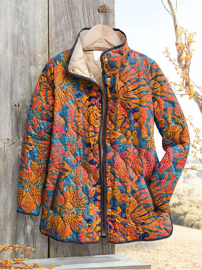 Women's Vintage Floral Art Print Casual Quilted Cardigan