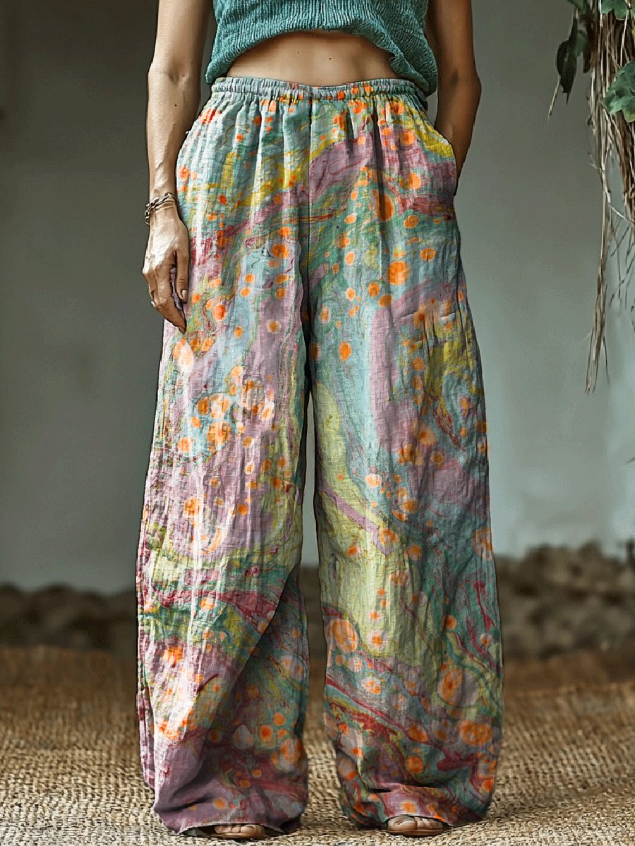 Women's Vintage Art Print Cotton and Linen Casual Pants