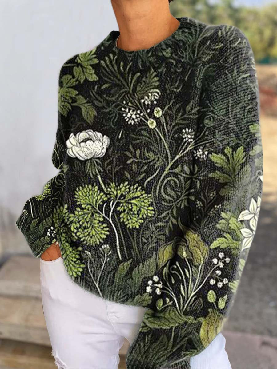 Women's Floral Botanical Casual V Neck Pullover Sweater