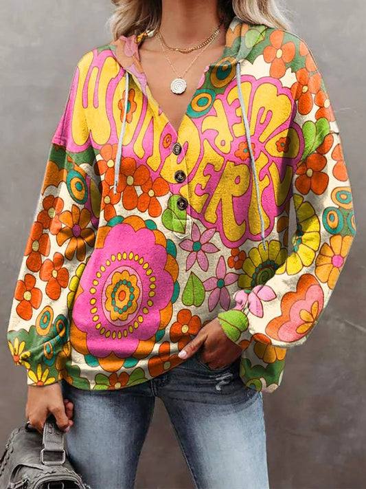 Women's Vintage Floral Power Print Loose Fit Hoodie