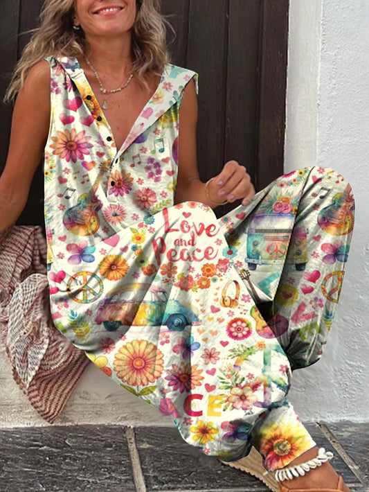 Women's Vintage Hippie Watercolor Peace Flower Power Print Wide Leg Jumpsuit