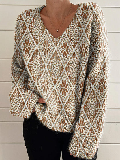 Retro Style Ethnic Pattern Printed Women's Casual V-Neck Pullover Knit