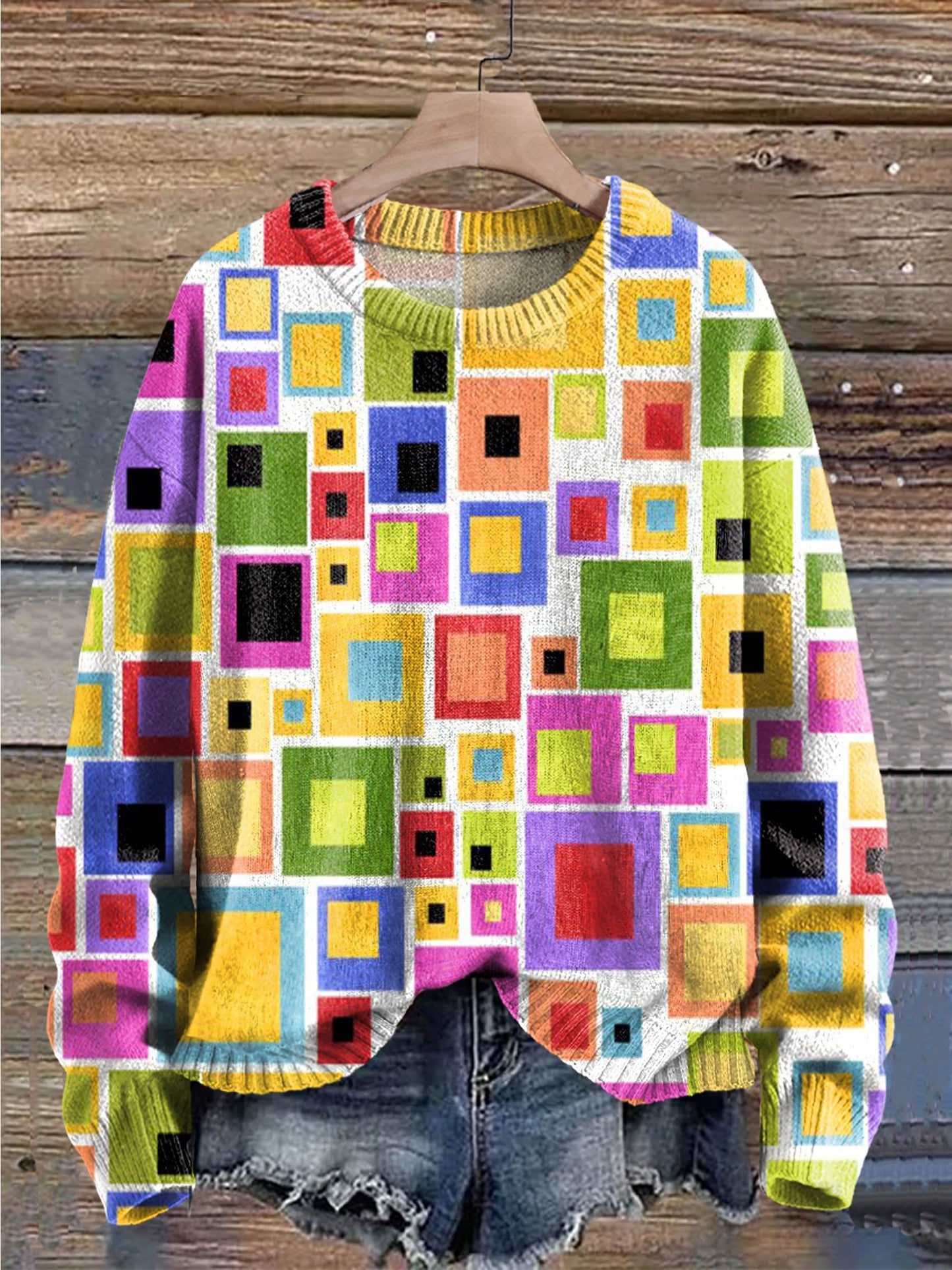 Colorful Squares Print Knit Pullover Sweater